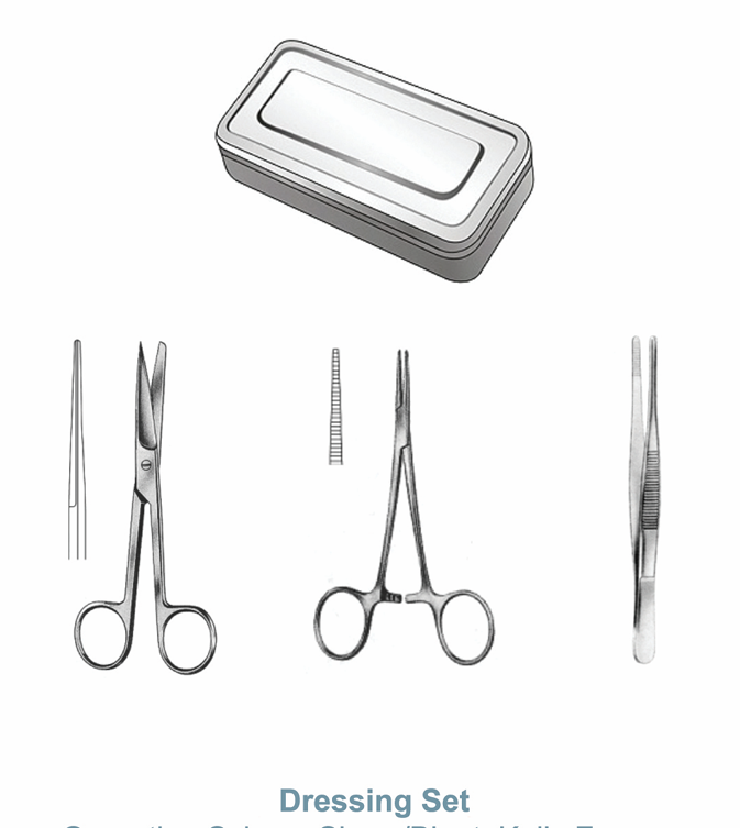 dressing set ( operating scissor sharp/blunt kelly forceps straight, dressing forceps)